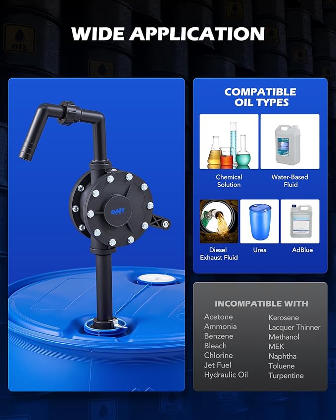 Orion Motor Tech 55 Gallon Drum Pump, Rotary Barrel Pump for Transfer of Chemicals, Acidic Solutions, Fuel, Water Based Fluids, Fits 5 to 55 Gallon Drums Hand Water Pump, Black