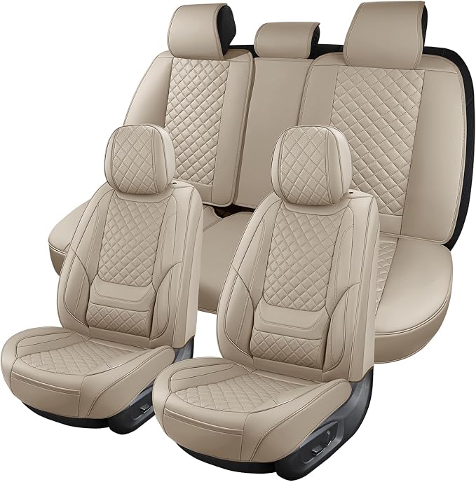Beige Leather Car Seat Covers Full Set Breathable Seat Protectors Waterproof Automotive Seat Covers Universal Fit for Most Cars SUVs Trucks Vehicles