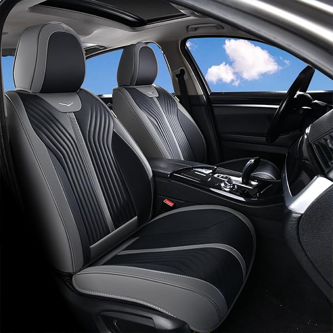 FLORICH Car Seat Cover Front Seats Leather Full Coverage Car Seat Covers Car Seat Protector Waterproof Seat Cushion Universal Fit for Most Cars Trucks SUV, Gray&Black