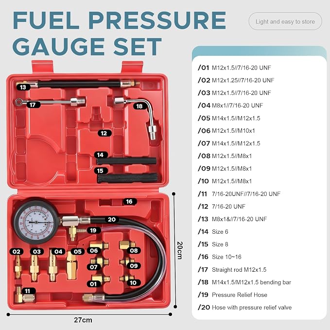 Fuel Pressure Tester Kit 0–140 PSI, Fuel Injection Pressure Tester & Fuel System Pressure Gauge Kit with Hoses and Adapters for Gasoline Cars Trucks Motorcycles（Red）
