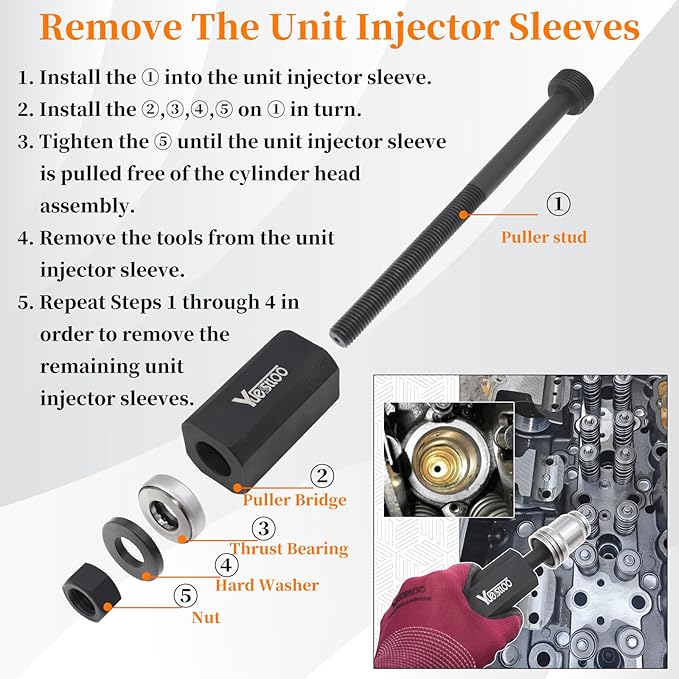 9U-6891 Injector Sleeve Remover Installer Set + J-42083 Automatic Timing Pin + 9U-7227 Injector Height Tool + J-38587-A Engine Barring Socket Fits for CAT Caterpillar 3406E C15 C16 Engines