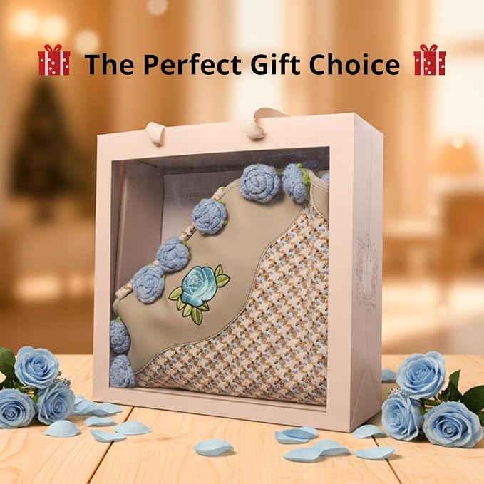 Universal Seat Covers for Cars,SUVs&Trucks,Handmade 3D Blue Rose Seat Protector,Leather&Houndstooth Cotton-Linen Floral Seat Cover,Cute Car Accessories for Women (1-Piece)