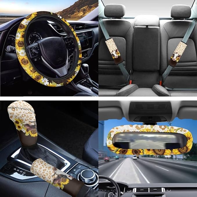 Cow Car Seat Cover for Front Rear Bench Seats+Brown Cowhide Sunflower Universal Fit Auto Steering Wheel Cover/Shoulder Seatbelt Pads/Keychain/Gear Shift Knob Handbreak Cover/Mirror Cover