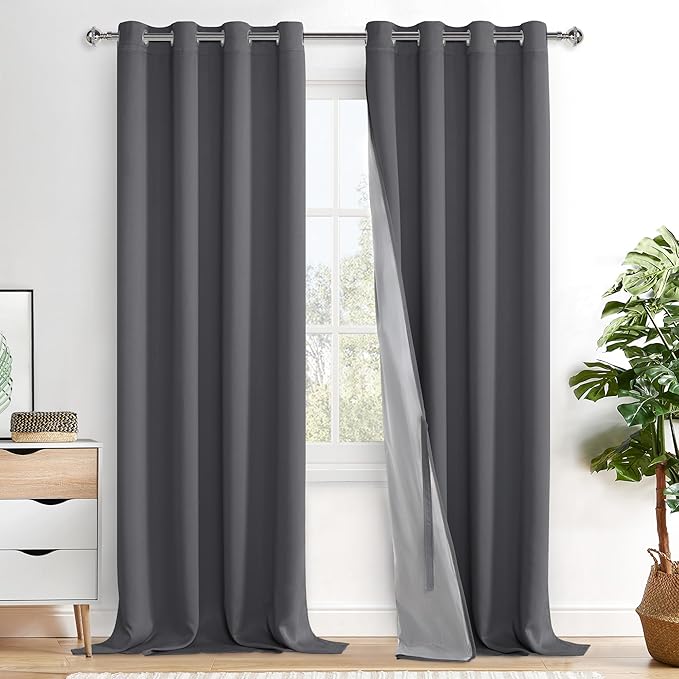 XWZO 100% Blackout Curtain Panels - Extra Long Thermal Insulated Black Liner Curtains, Noise Reducing and Heat Blocking Drapes for Bedroom with Tiebacks, Dark Grey, W52 x L108, Set of 2