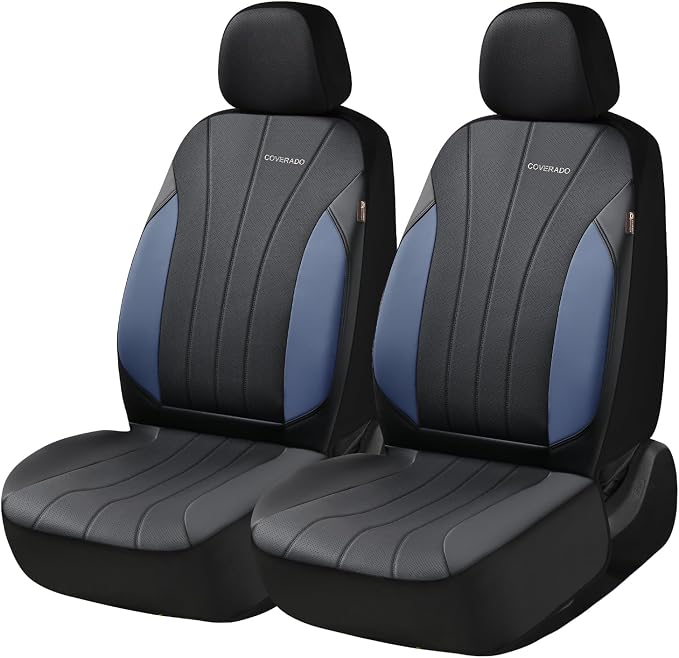 Coverado Car Seat Covers， 2 Front Seats Waterproof Nappa Leather Automotive Seat Protectors, Front Luxury Mesh Seat Covers, All-Weather Universal Fit for Most Cars SUVs, Trucks,Blue&Black