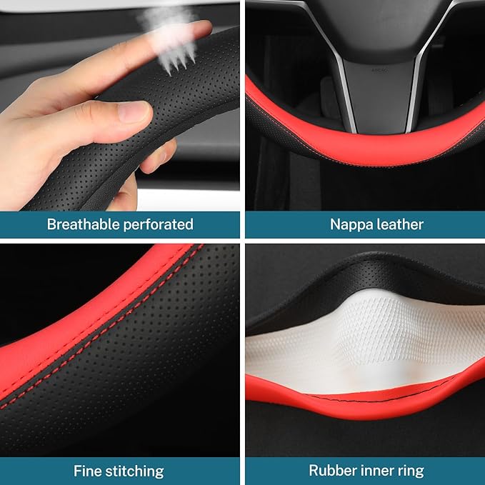 Leather Steering Wheel Cover Custom-Fit for Tesla Model 3/Y 2016-2026, Comfort Grip Design Breathable and Non-Slip, Model 3/Y Car Steering Wheel Protector, Tesla Accessories,Black(D-Style, for Tesla)