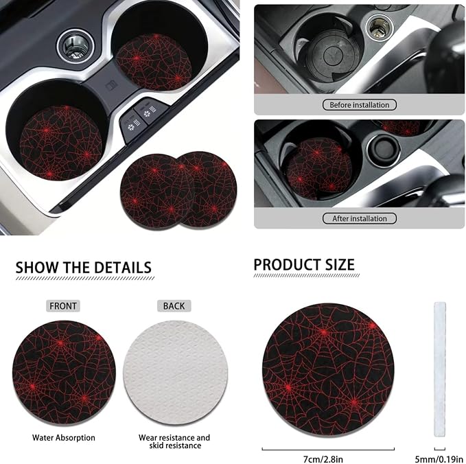 KEIAHUAN Red Spider Web Car Seat Cover Set 11 Pieces Full Set with Car Shift Gear Stick Hand Brake Cover Steering Wheel Cover Headrest Cover Coaster Pad Halloween Decoration