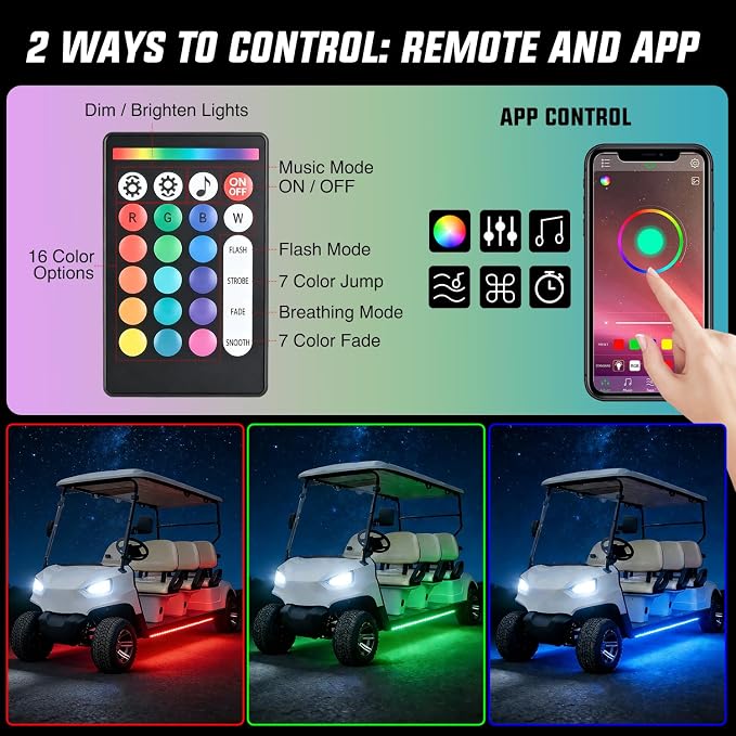 Nilight 2PCS Golf Cart Underbody Lights Kit RGB Multi-Mode LED Neon Accent Lighting Lamp APP Remote Control Sound Active Music Sync IP67 Waterproof 12V-66V for EZGO Yamaha Club Car