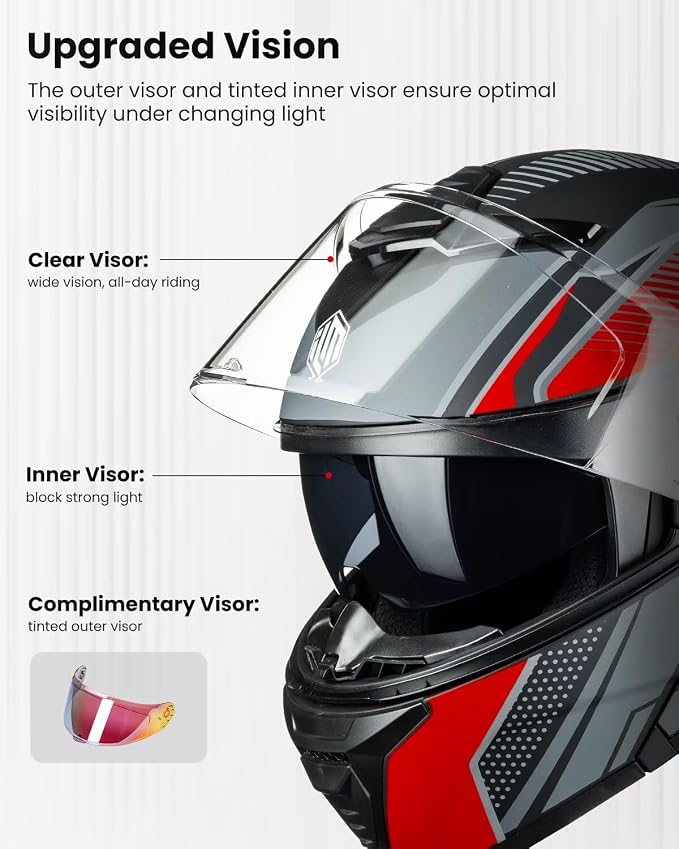 ILM Modular Motorcycle Helmet for Adults Full Face Flip up Riding with Dual Visor Street Bike Racing DOT Model MM966 (Black Red, M)