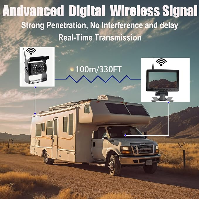 Vehicle 720P Digital Wireless Backup Camera System 1024X600 7-inch AHD IPS Monitor DVR Loop Recorder+IP69K Waterproof IR Wireless Reversing Camera Dash Camera for Truck Bus RV Trailer Car