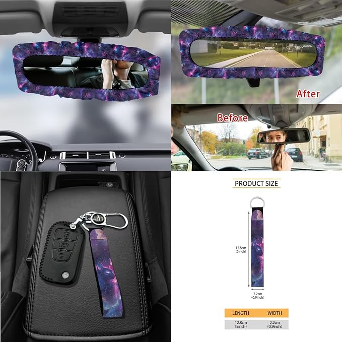 Starry Cat Print Car Seat Covers Full Set with Accessories for Women, Decorative Auto Accessories Include Steering Wheel Cover Safety Belt Pads Rearview Mirror Cover Cup Mats