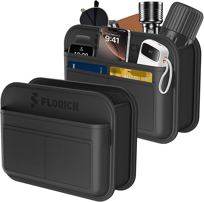 FLORICH Car Door Organizer, Small Leather Foldable Hanging Organizer and Trash Can 2-in-1, Multi-Function Mini Storage Box Garbage Can for Car Back Seats and Side Door-2Pack