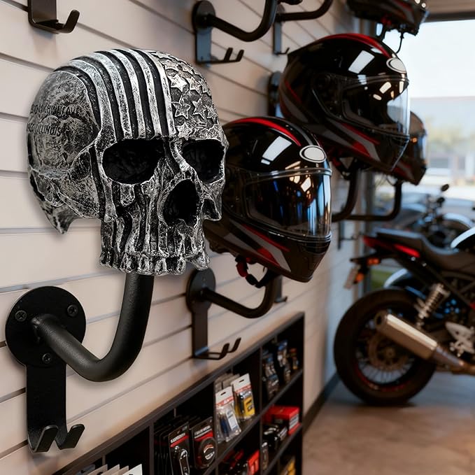 Helmet Holder,Skull Helmet Holder Wall Mount Helmet Rack with 2 Hooks Helmet Hanger for Coats,Caps,Baseballs,Rugby Helmet,Motorcycle Accessories
