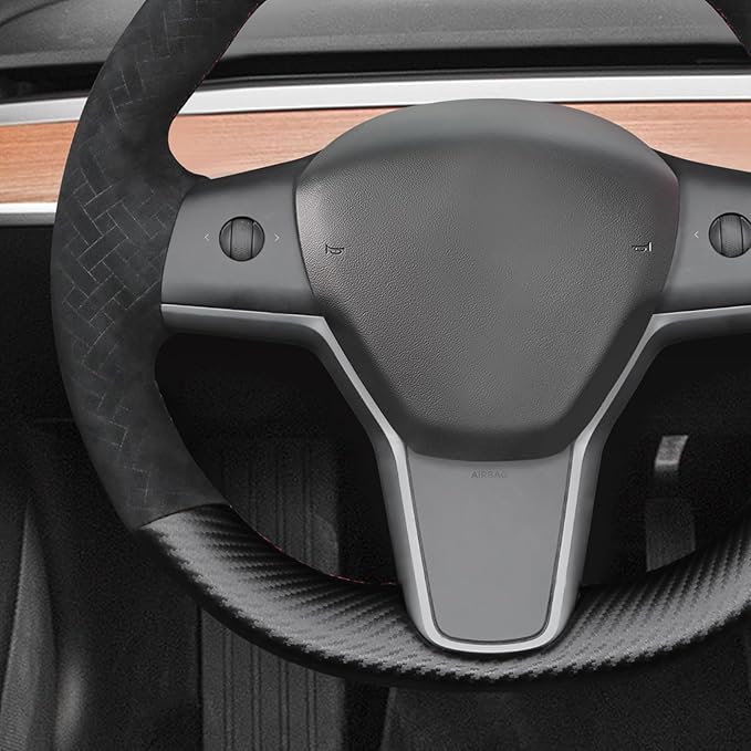 MEWANT Hand Stitch Matte PU Carbon Fiber Embossed Suede Steering Wheel Cover for Tesla Model Y 2023 Model 3 2017-2023
