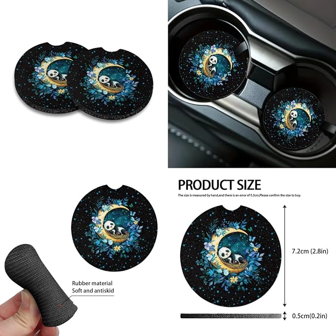 Panda Moon Floral Pattern Car Seat Covers Full Set, 10 Pcs Waterproof Car Accessories Steering Wheel Cover Car Trash Bin Keychain Cup Coasters Air Vent Storage Box for Women Men