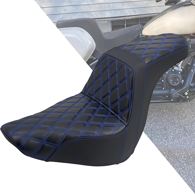Motorcycle Seat Driver Passenger Seat PU Leather Seat Pillion Fit For Harley Low Rider Low Rider S ST 2018-up (Blue Stitching)