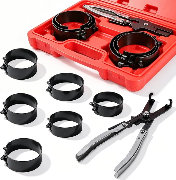 Engines Piston Ring Compressor Tool with Ratchet Pliers & 6 Piston Rings (2-7/8“ - 4-3/8”) Installation and Removal Kit for Car, Truck & Motorcycle Engines