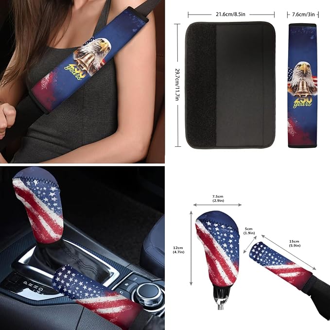 Wanyint Car Seat Covers Set 12 Pieces, Auto Seat Protector Steering Wheel Seat Belt Armrest Pad Handbrake Gear Shift Cover Coasters US 250th Anniversary Car Decor, American Flag Eagle Splash