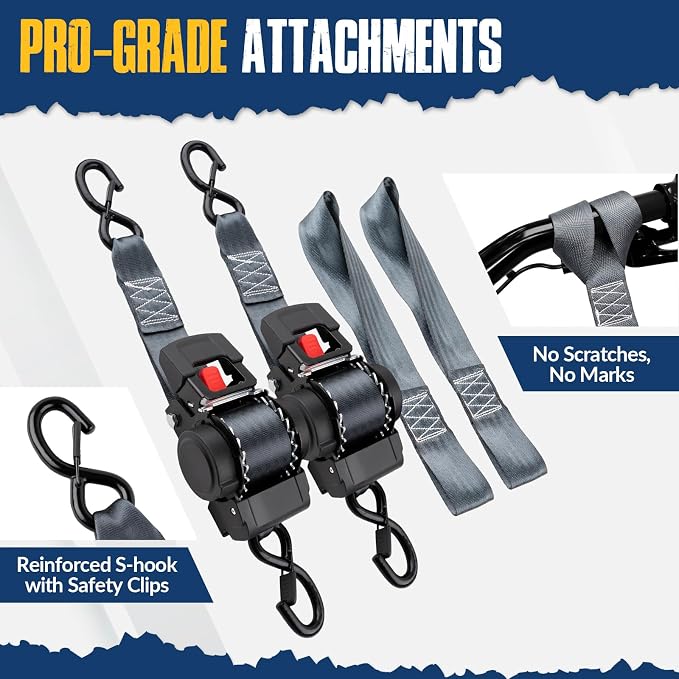 2 Pack Retractable Ratcheting Straps - 2 Inch x 10 Feet | 3,000lbs Break Strength, Heavy-Duty Ratchet Tie-Down Straps for Moving, Cargo,Truck, Motorcycle