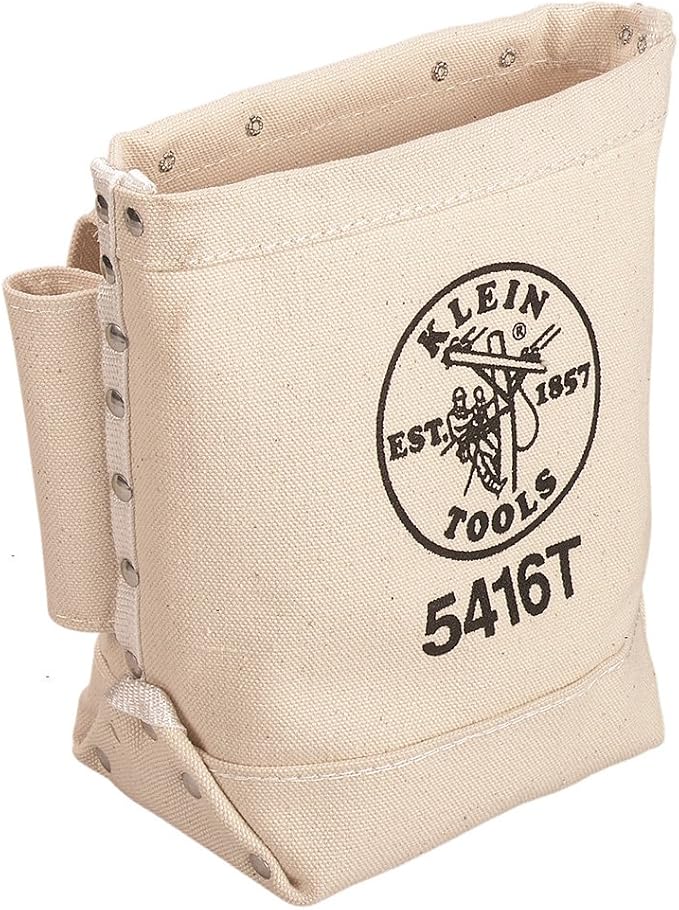 Klein Tools D201-7CSTA Linesman Pliers, Side Cutters with Spring Loaded Action & 5416T Tool Bag, Bull-Pin and Bolt Pouch, No. 4 Canvas with Tunnel Connection, 5 x 10 x 9-Inch