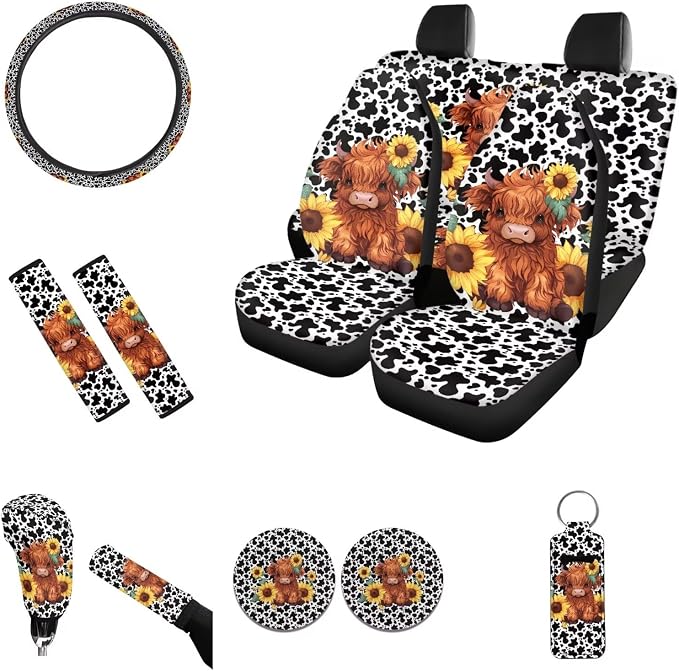 Cartoon Car Seat Covers Full Set Highland Cow Car Accessories Set Steering Wheel Cover Seat Belt Strap Wrap Cover Key Chains 2 Pcs Coasters Gear Shift Cover