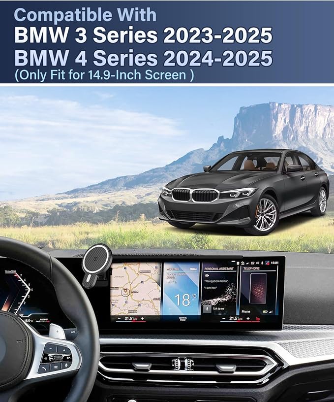 PZK Wireless Charging car Phone Holder for 2023-2025 BMW 3 Series /2024 2025 BMW 4 Series Accessories 14.9-Inch Screen Fixed Clip, Car Phone Mount Magnetic 15W Fast Charger With Sunglasses Storage Box