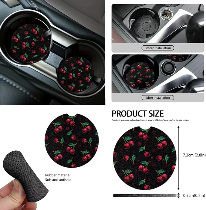 Cherry Print Car Seat Cover Set of 15, Decorative Front Back Seat Covers Steering Wheel Cover Safety Belt Pads Garbage Bag Car Air Vent Storage Bag Cup Mats, Easy to Install