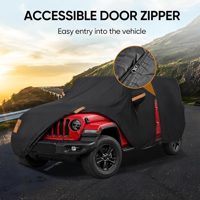 Car Cover for Jeep Wrangler 2 Door 1987-2026 JK JL CJ YJ TJ Outdoor Waterproof Sun Rain Snow Hail UV Protection with Driver Door Zipper