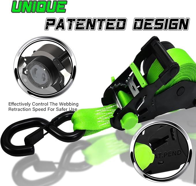 Retractable Ratchet Straps (2pk) -Patented | 1.5 in x 16 ft Heavy Duty Auto Ratchet Straps with Soft Loops | Perfect Automatic Tie Downs for Motorcycle,Kayak and Truck | Break Strength 5,000LBS/2268KG