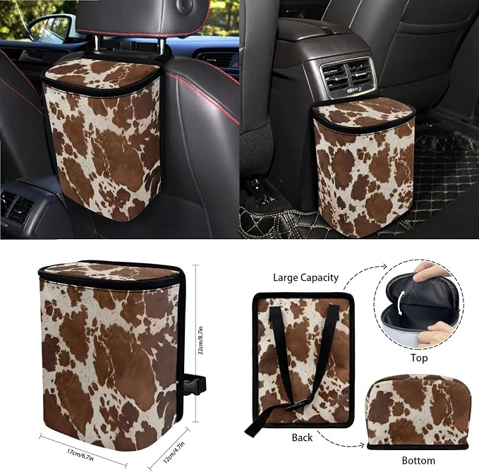 Wanyint Brown Beige Cow Print 15 PCS Car Seat Cover Full Set With Steering Wheel Cover, Seat Belt Pad, Trash Bin, Rear View Mirror Cover, Cup Holders, Keychain, Air Vent Storage Bag, Car Decoration