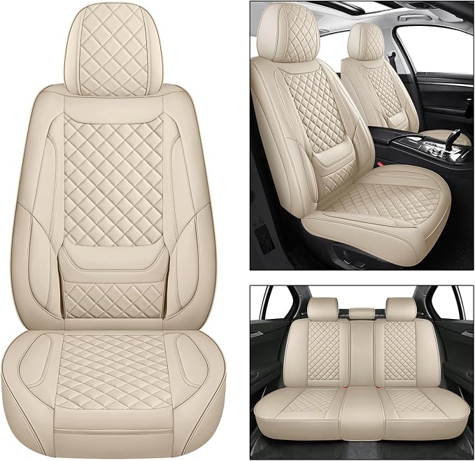 Leather Car Seat Covers Full Set Breathable Automotive Seat Covers Waterproof Seat Protectors Fit for Most Automotive Cars SUV Trucks Vehicle (Beige, Full Set)