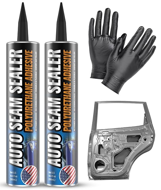 [Black] 2 Pack Professional Automotive Seam Sealer, Paintable Quick-Set Polyurethane Auto Body Seam Sealer for Metal Surfaces of Cars, Trucks, Etc, Includes Gloves & Tip - Black RV Roof Sealant