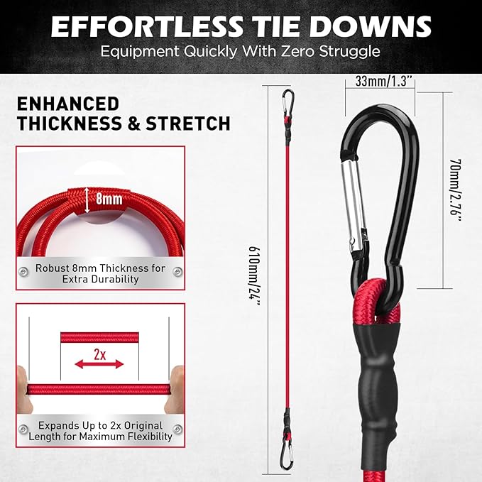 5-Piece 24 Inch Bungee Cords with Carabiner Hooks, Heavy Duty Rubber Elastic Tie Down Straps, Bungee Cord with Carabiner Clips for Cargo, Truck Bed, Camping, Motorcycle and Outdoor Use (Red)