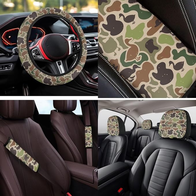 Bulopur Duck Hunting Camo Car Seat Covers Front and Backseat with Matching Steering Wheel Cover 15 Inch Center Console Pads Vehicle Seat Headrest Covers Keychain Automotive Interior Accessories Set