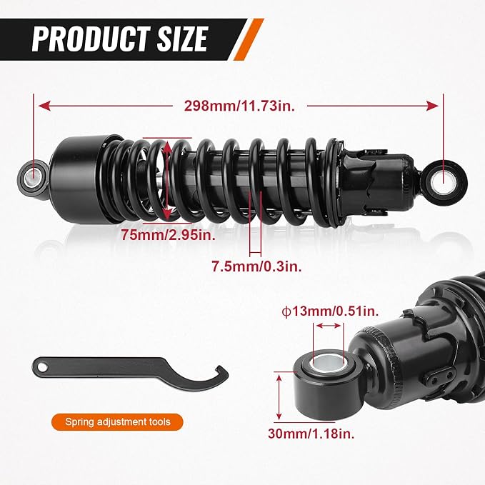 11.75" Motorcycle Rear Shock Absorber Adjustable 298mm Lowering Kit Damper For Harley Davidson For Sportster XL883 XL1200 Touring Road Street Glide Road King FLT FLHT FLHR FLTR FLHX 1980-2025