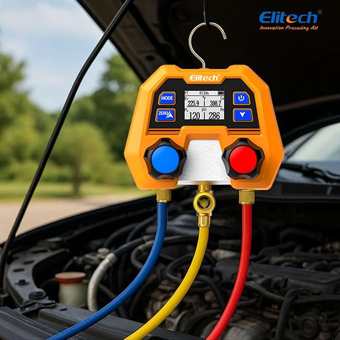 Elitech Digital Manifold Gauge for HVAC, Refrigeration & AC Systems - Supports R410A/R454B/R32/R134a etc. Refrigerants, Pressure & Temperature Measurement, 3 Port, LCD Display, DMG-2SE