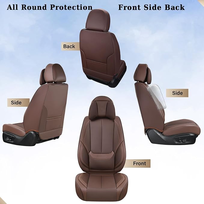 Coverado Front and Back Seat Covers, Waterproof Nappa Leather Auto Seat Protectors Full Set with Head Pillow, 5 Pieces Universal Car Accessories Fit for Most Sedans SUV Pick-up Truck, Brown
