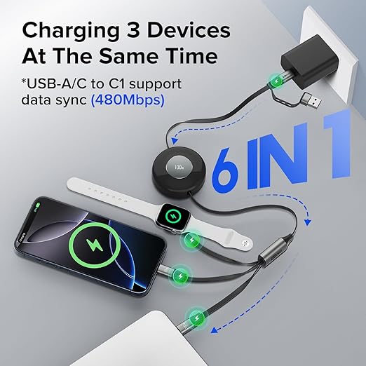 100W Retractable USB C Cable, 3 in 2 USB C Cable for Apple Watch Charger/iPhone 16 Charger,Multi Charging Cable Cord,Camping Essentials,Portable Designed for iWatch &iPhone 17-15-4.27FT