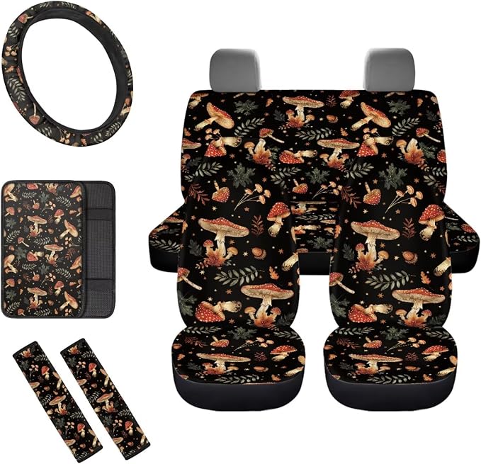 8 Pcs Forest Mushroom Car Seat Covers Full Set Car Accessories for Women Front Seat Cover Steering Wheel Armrest Cover Seat Belt Cover for Auto SUV Interior Decoration