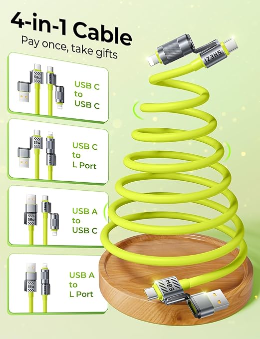 Coiled Green Cable 4-in-1 USB C Cable 60W Compatible with Lightning Cable Fast Charging & Data Transfer, Support to CarPlay & Android Auto, 5FT Multi Cord Combo Charger for iPhone/iPad