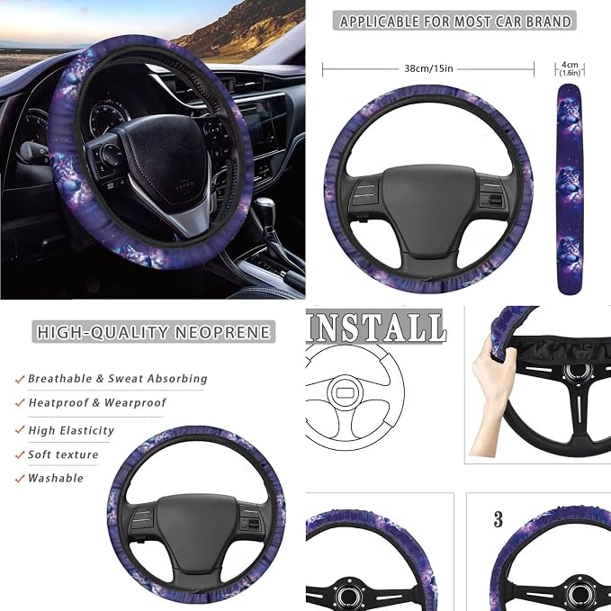 Galaxy Wolf Print Car Seat Covers with Matching Steering Wheel Cover 4 Pcs Seat Belt Pads Butterfly Print Auto Seat Protector Universal Auto Interior Accessories, Purple