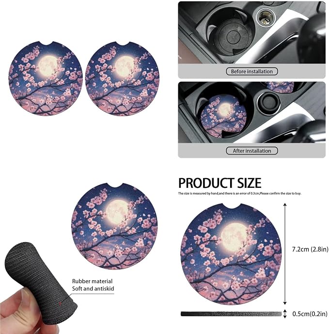 Cherry Blossom 13 Pcs Pattern Car Seat Covers Classical Pink Cherry Blossom Set Steering Wheel Cover Cup Coasters Moon Aesthetics Trucks Sedan SUV Cover Armrest Cushion Pad