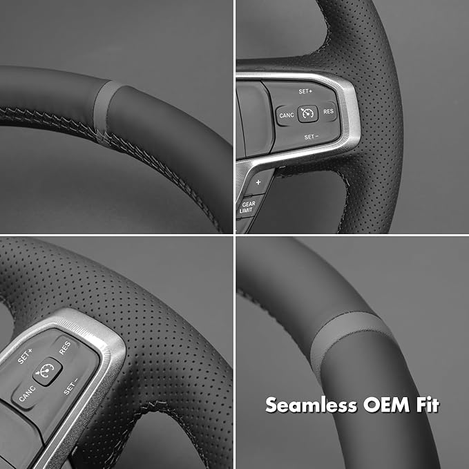 MEWANT Hand-Stitched Steering Wheel Cover Wrap for Dodge Ram 1500 2019-2023 Steering Wheel Accessories for Dodge Ram(Backsides Without Buttons)