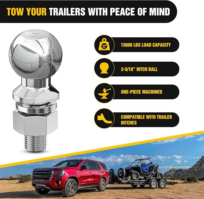 Nilight 2-5/16-Inch Diameter Chrome Trailer Hitch Ball, 15,000 lbs, 1-1/4 x 2-5/8-Inch Shank Universal Fit,Gray