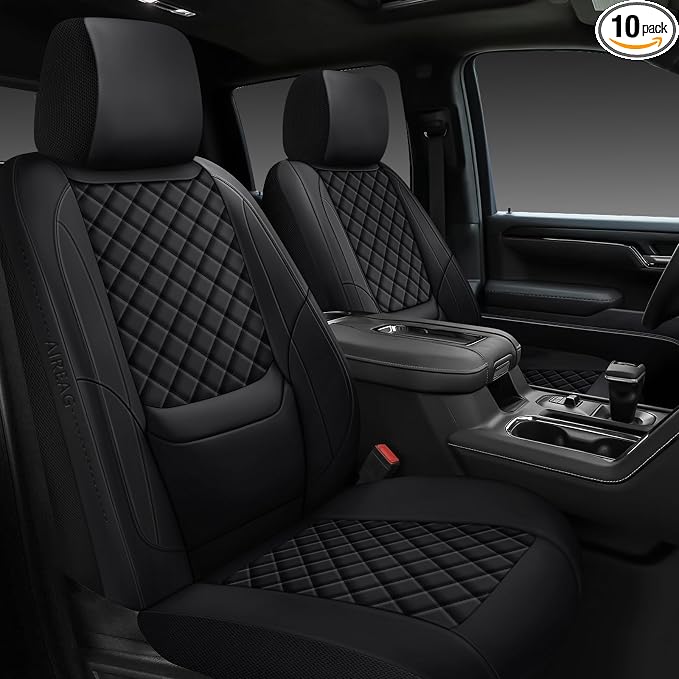 Silverado Seat Covers 2007-2026 Front Pair, Truck Interior Sets Custom Fit for Chevy Chevrolet Silverado GMC Sierra 1500/2500/3500HD Crew/Double/Extended Cab with Lumbar Support, Black