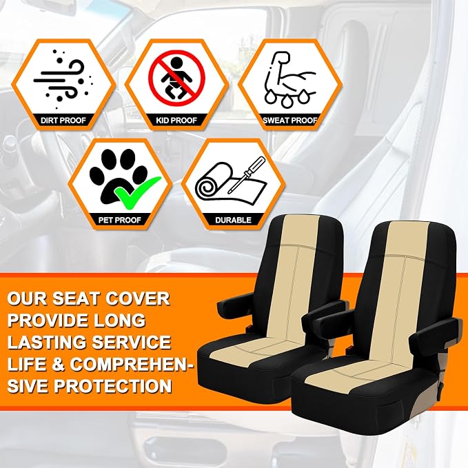 RV Seat Covers Compatible with Motorhome Captain Chairs, Driver & Passenger Leather and Neoprene Fabric Seat Covers, Black and Tan, 2pcs