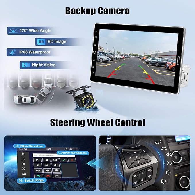 Single Din Car Stereo with Wireless Carplay Android Auto 10.1 Inch IPS Touchscreen Car Radio with Mirror Link Bluetooth 5.2 Handsfree FM RDS EQ USB SWC Car Audio Receiver Backup Camera