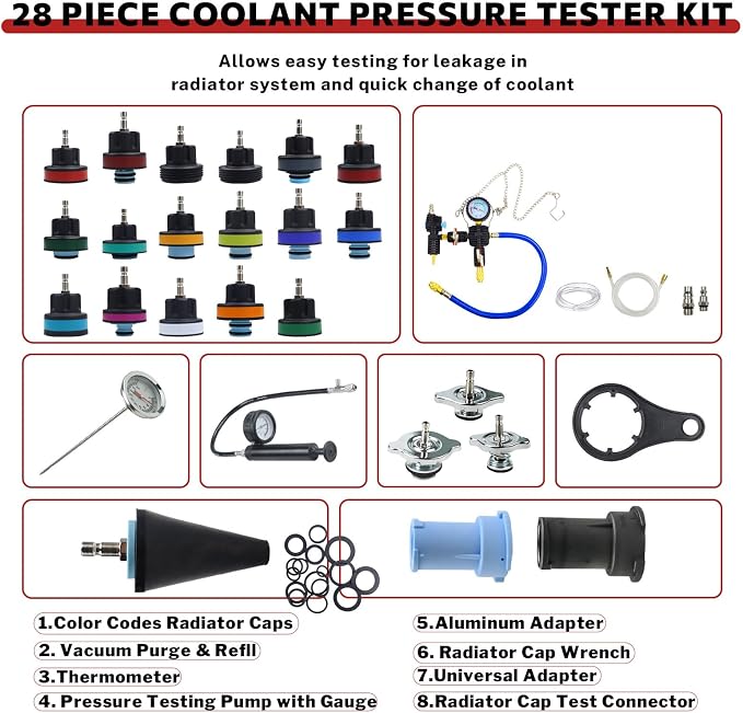 28 Pcs Universal Radiator Pressure Tester Kit,Coolant Pressure Tester kit with 13 Radiator Adapters,Precise Coolant Leak Detector for All Vehicle Cooling System