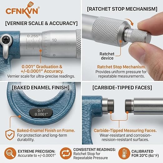 0-1" Micrometer, 0.0001" Precision Outside Tool with Ratchet Stop | Replacement for 103-131 – 0-1" outside micrometer with 0.0001" vernier resolution for precision shop & lab measurements.