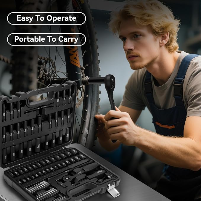 DISEN 94 PCS 1/4" Drive Impact Socket Set, Shallow & Deep Socket SAE(5/32"-9/16") & Metric(4-15mm), Torx Screwdriver Bit Set, 72T Ratchet Wrench Handle, CRV Tool Set with Adapter, Automotive Repair